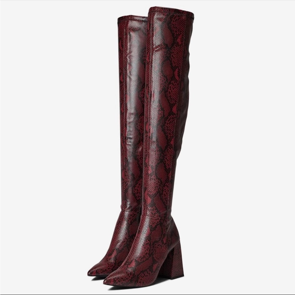 Steve Madden Experience Red Snake Thigh High Chunky Heels Boots New Womans